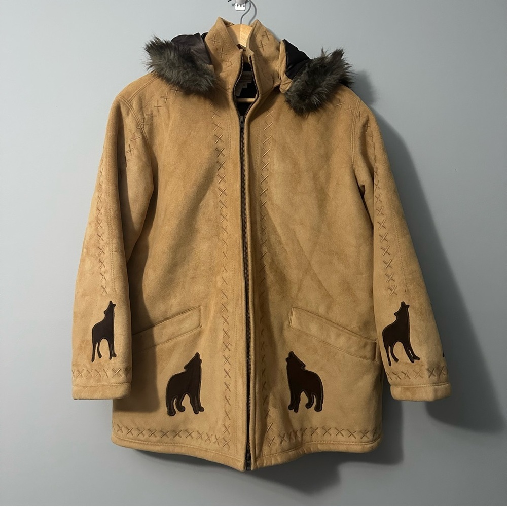 Coldwater Creek Wolf Faux Suede Coat Tan Fur Hooded Jacket Small Western Chic - Picture 2 of 11